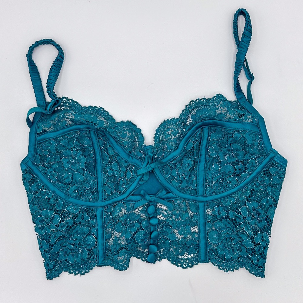 For Love & Lemons Green Lace Long Line Corset Bra